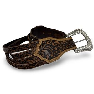 SOLD…Tony Lama Rhinestone Embellished Buckle Leather Western Chunky Belt Size 40